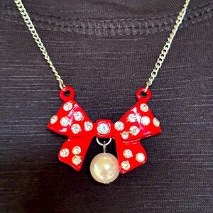 Red Bow Rhinestone Necklace with Pearl drop